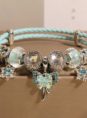 潘家天蓝色皮绳手镯女轻奢小众精致蝴蝶结吊坠手串潮流少女心手环