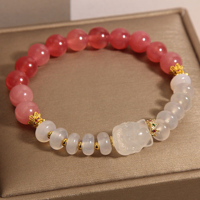 粉玉手链女白玛瑙算盘珠狐狸手串