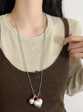 韩国ins风银色拉丝爱心项链女秋冬长款毛衣链小众新款卫衣链配饰