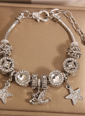 白色琉璃珠五角星天使吊坠手链女