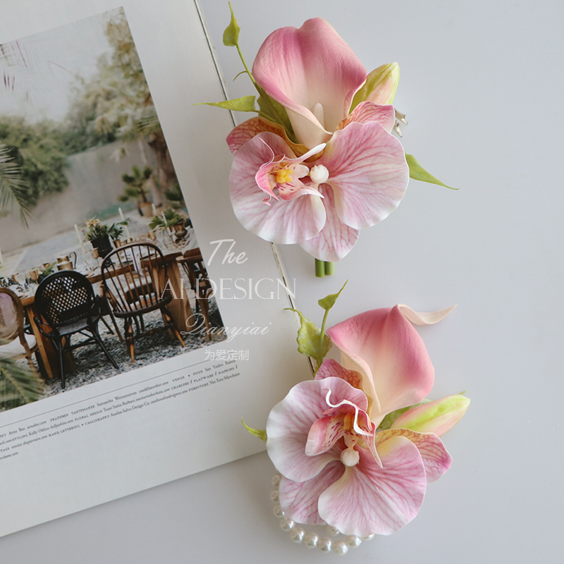 高档仿真花马蹄莲蝴蝶兰婚礼胸花新郎新娘结婚襟花伴郎伴娘手腕花