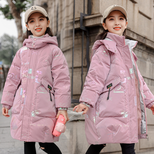新款巴拉橙女童羽绒服中长款洋气中大童韩版加厚儿童羽绒服外套潮