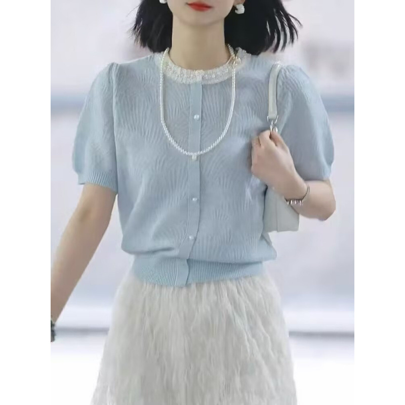 蓝色蕾丝边薄款短袖针织衫女2025新款夏季超好看独特漂亮短款