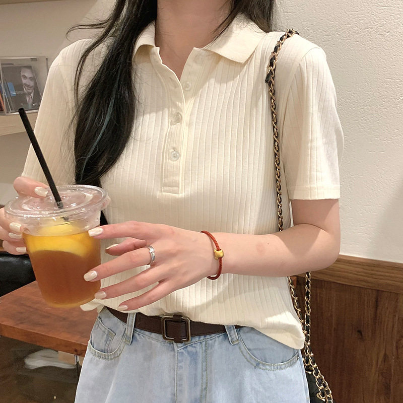 可爱学生Polo领短袖T恤女夏季修身显瘦半袖上衣小个子坑条打底衫