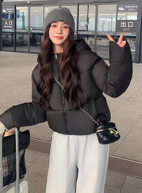 2025年秋冬新款肯豆风黑色棉服外套女韩系宽松加厚连帽短款面包服