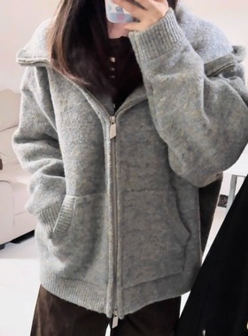 慵懒高级感连帽上衣女2025新款秋冬针织衫男女同款厚开衫毛衣外套