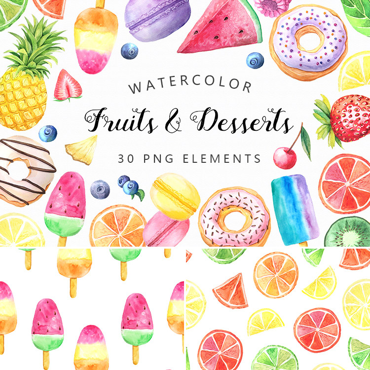 唯美森系手绘水彩夏日风情水果/西瓜/冰棍 psd png免抠图设计素材