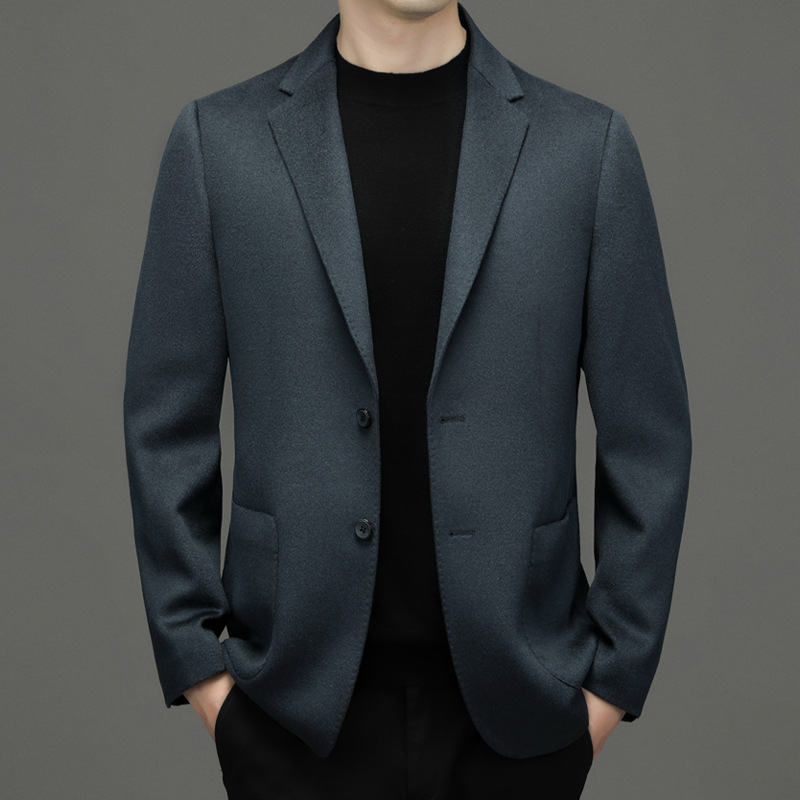 男士轻奢羊毛羊绒桑蚕丝修身西服外套中年商务休闲纯色单西上衣