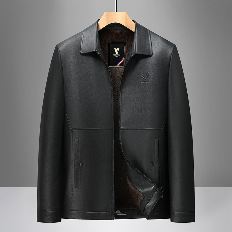 皮衣秋冬加绒加厚皮夹克男士中老年人爸爸冬装外套翻领加绒加厚