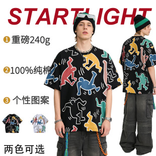 休闲短袖 美式 卡通滑倒印花宽松上衣新款 T恤重磅240g男款 男女t 夏季