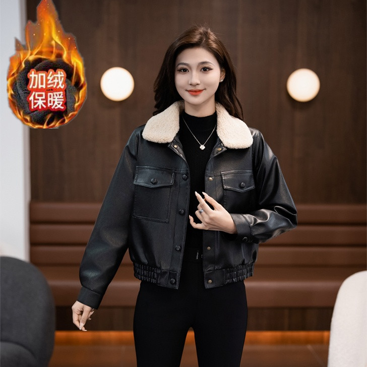 小香风秋冬新款加绒加厚皮衣女外套百搭翻领休闲短款机车时尚洋气