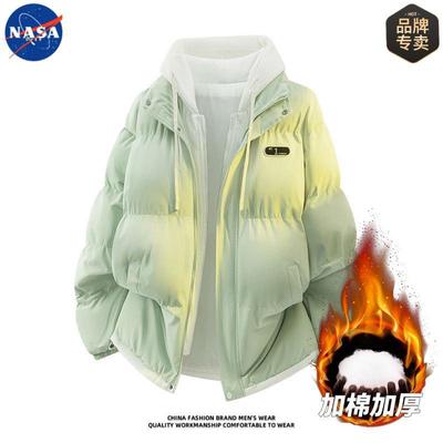 NASA品牌高质量情侣款假两件连帽棉衣男冬季加棉保暖潮牌棉衣外套