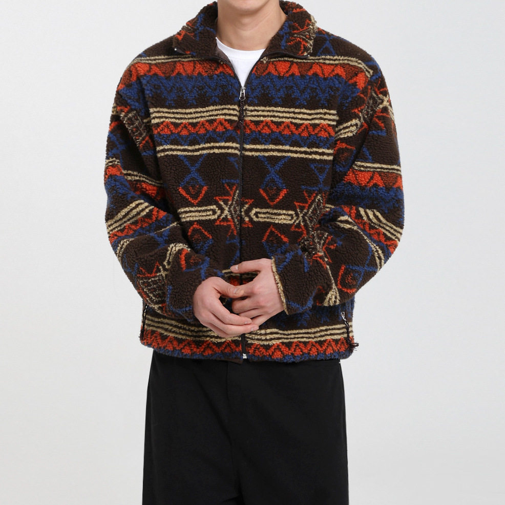 MYQ民族风羊羔绒外套男冬季宽松休闲半高领夹克韩系设计感穿搭