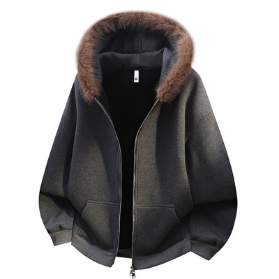 重磅580G外套高级感2025秋冬新款男士冬季外套开衫情侣毛领卫衣潮