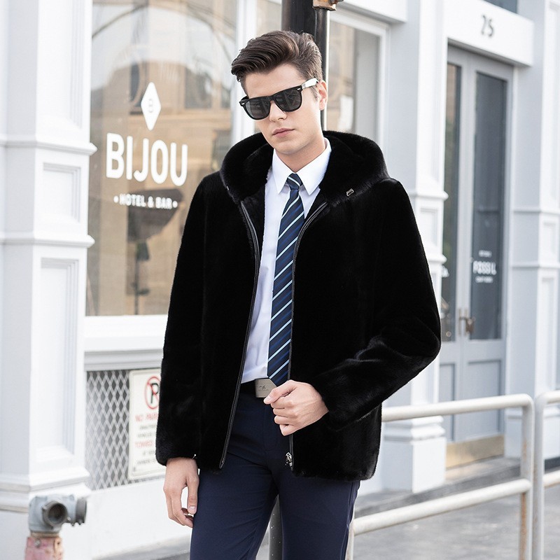 貂皮大衣水貂毛皮草男士外套连帽中长款时尚貂绒仿貂皮大衣批发