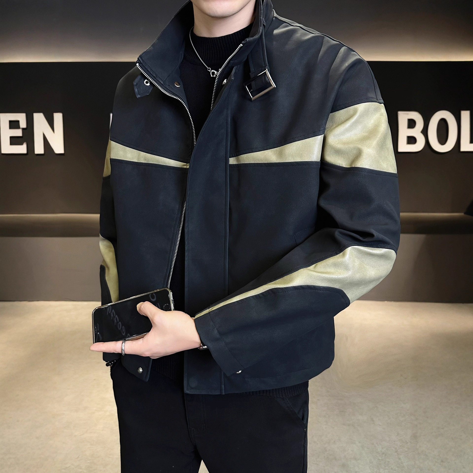 美式休闲立领皮衣外套男春季2026新款潮牌拼色帅气PU皮褂子皮夹克