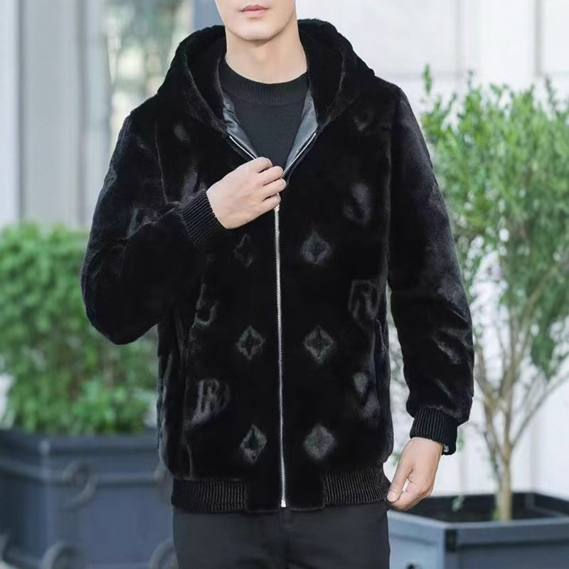 2025新款冬季男士金貂绒皮草加厚皮毛一体连帽保暖棉衣外套男