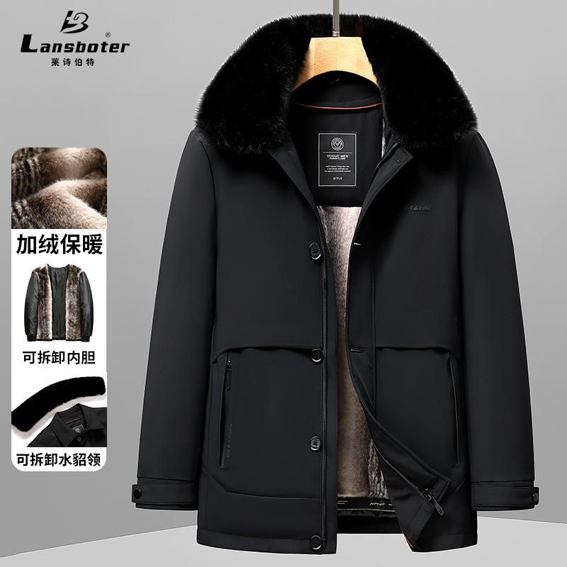 秋冬爸爸冬装棉衣外套男加绒加厚可脱卸内胆中长款棉服中老年