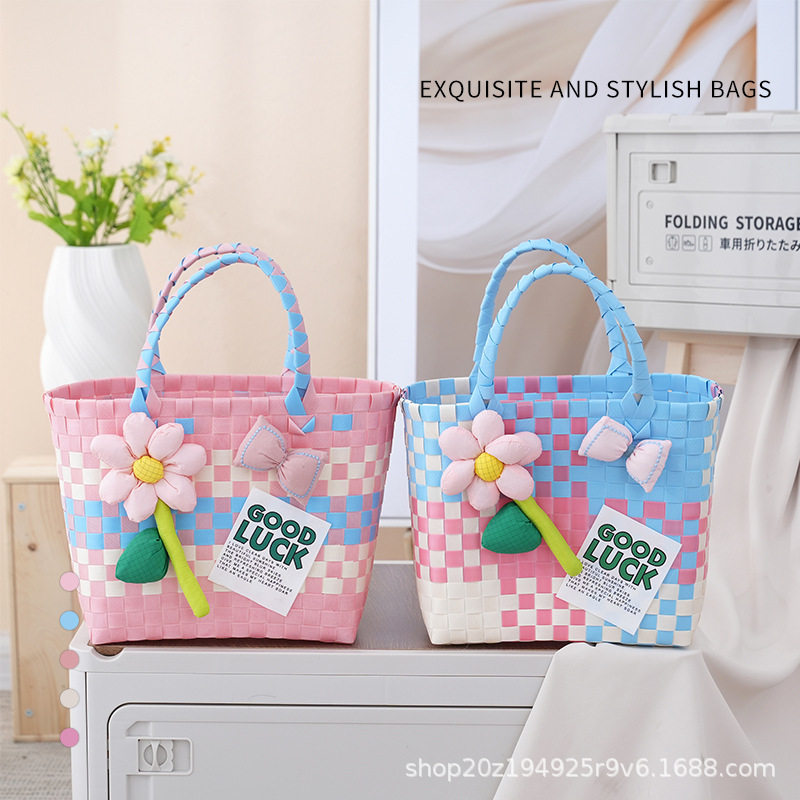 新款手工编织袋伴手礼包包塑料手提篮春游野餐包清新拼色格子卡通