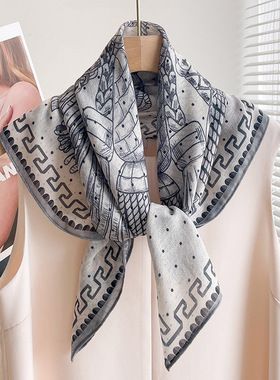 黑白色70CM棉麻丝巾颈饰小方巾女夏季薄款围巾领巾亚麻头巾搭衬衫