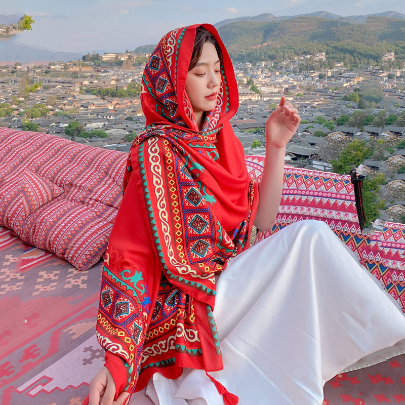 民族风夏季青海湖旅游拍照红色茶卡盐湖大披肩丝巾沙漠保暖围巾女