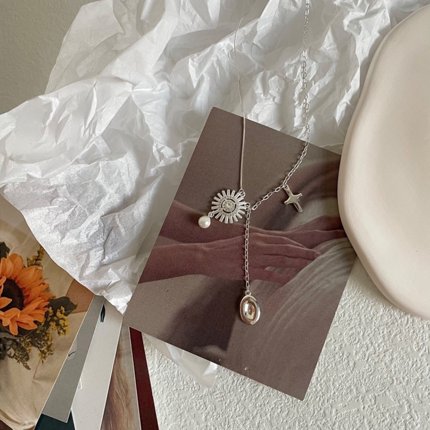 raquellesilver通体925纯银项链女金色太阳不对称珍珠十字星小众