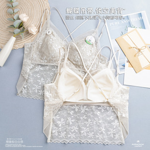 蕾丝吊带性感交叉露背内搭外穿背心夏薄大胸显小胸带胸垫镂空美背