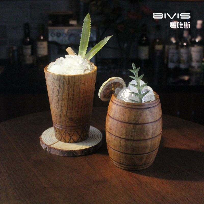 创意木质鸡尾酒杯木桶形杯日式原木制酒桶型啤酒杯天然木朱丽普杯