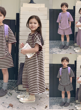 儿童兄妹装女童紫色条纹连衣裙夏季洋气男童短袖上衣短裤两件套