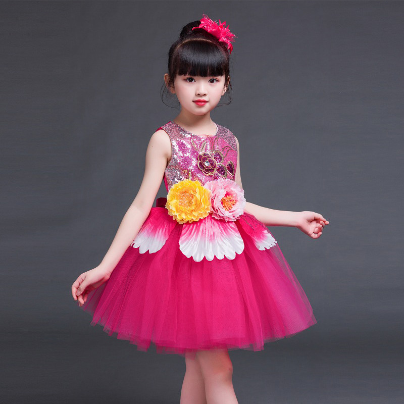 六一儿童舞蹈服女童蓬蓬纱裙黄色表演服女童绿色公主裙花仙子舞台