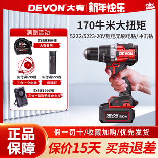 大有锂电钻无刷手电钻冲击钻电动螺丝刀170牛大扭矩冰钻5222/5223