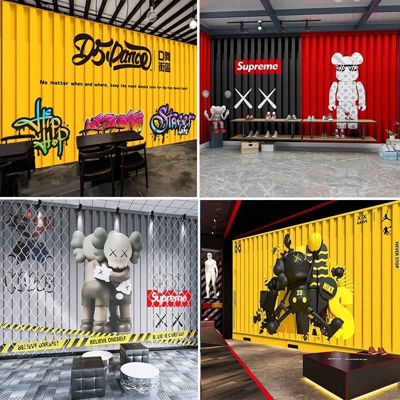 铁皮集装箱3d背景墙墙纸网红餐厅拍照墙布奶茶店服装店舞蹈室壁纸