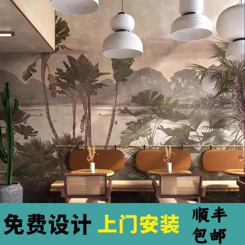热带雨林植物墙纸美式民宿卧室客厅背景墙装饰壁画餐厅咖啡馆壁纸图片