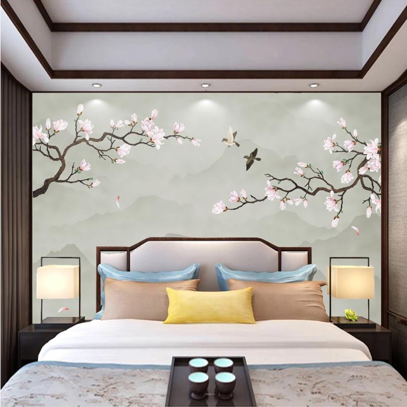 2022新中式装饰卧室床头背景墙布花鸟壁画8D主卧暖色壁布墙纸壁纸图片