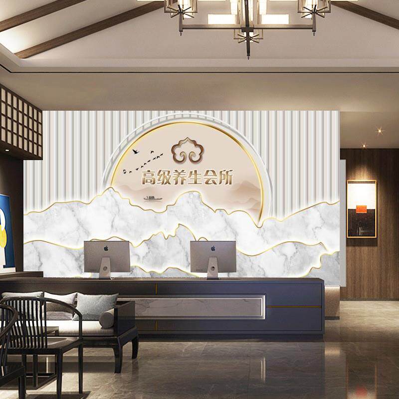 diy高级会所养生馆背景壁画中式仿木纹足疗采耳壁纸茶楼茶室墙纸