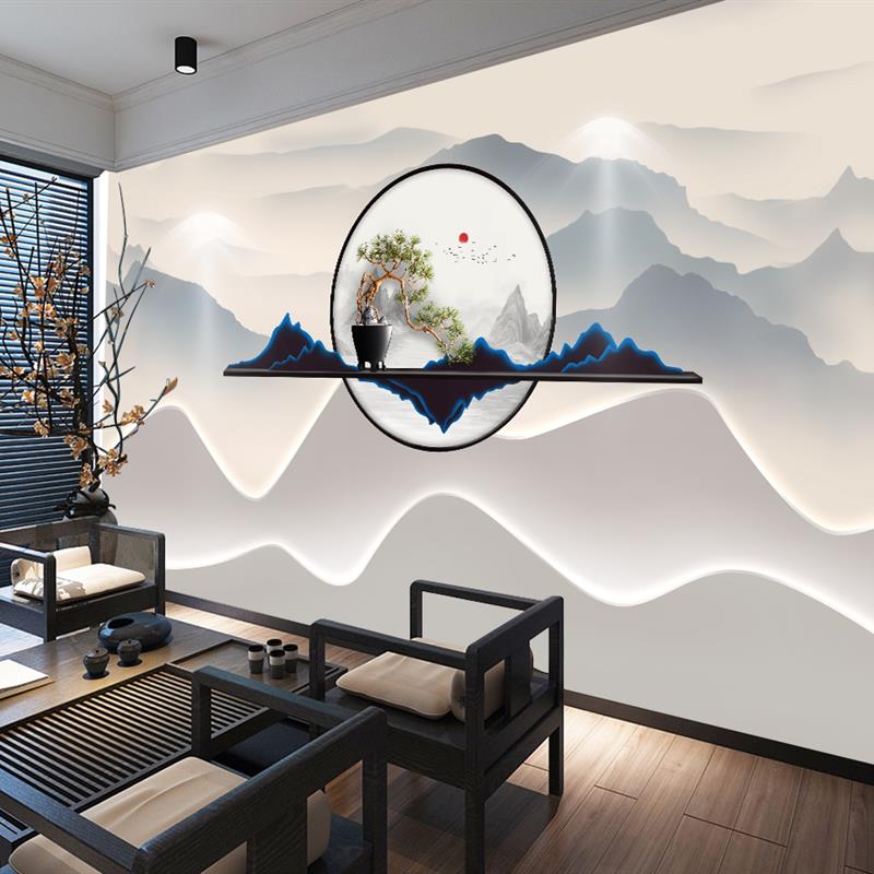 3D立体新中式墙纸客厅茶室装饰直播背景墙壁纸养生酒店美容院墙布