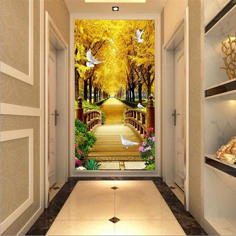 8D立体欧式墙纸黄金发财树玄关壁纸过道走廊背景墙布竖版装饰壁画图片