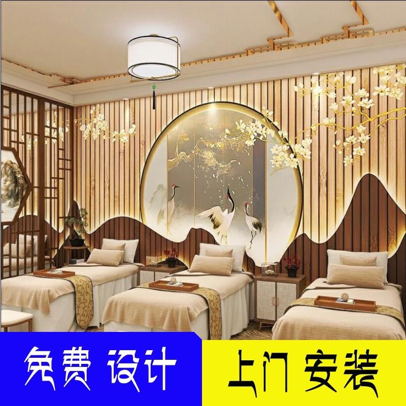 3D新中式装修墙纸禅意山水壁画养生采耳馆足疗背景墙装饰茶室壁纸