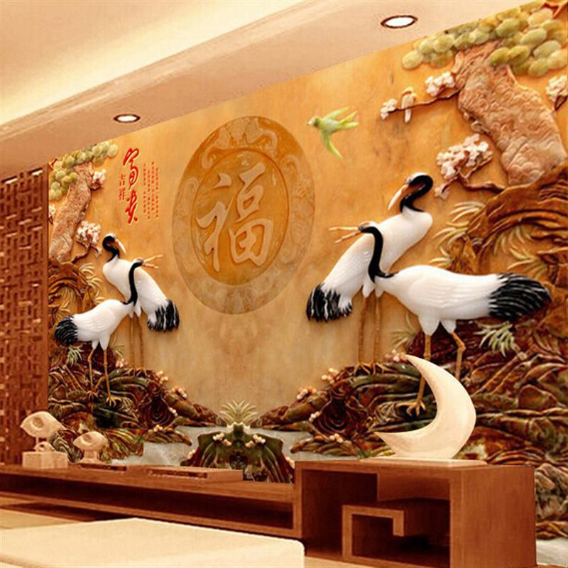 新中式8d电视背景墙壁纸5d立体浮雕墙纸松鹤延年壁画客厅装饰墙布图片