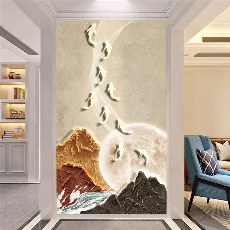 九鱼图入户玄关装饰画现代轻奢走廊过道3d立体竖款壁画背景墙壁纸图片