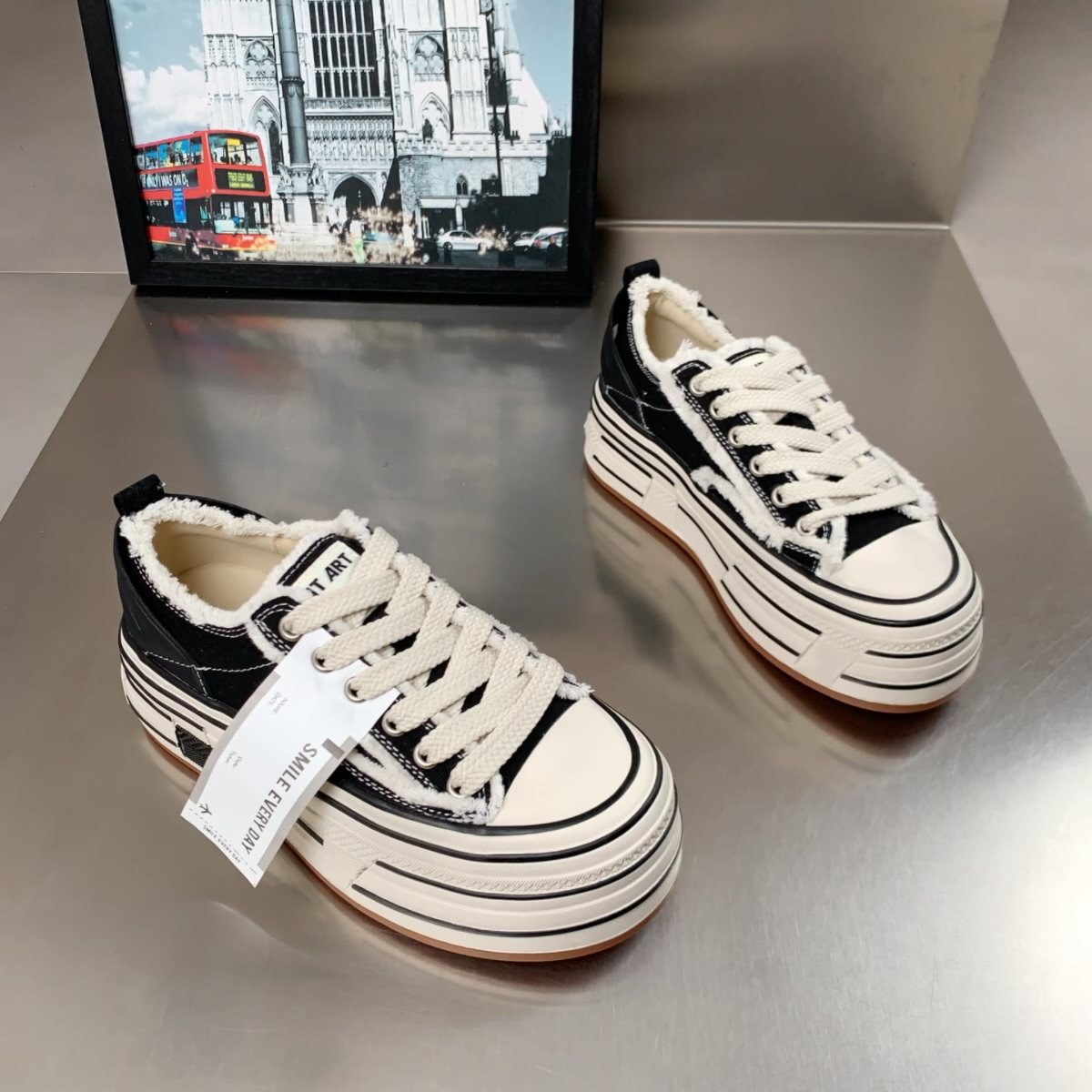 学院风厚底帆布鞋女2026春季新款黑白百搭休闲板鞋防滑增高半拖鞋,女鞋,休闲板鞋,淘宝优惠券,粉丝福利购,淘宝优惠卷