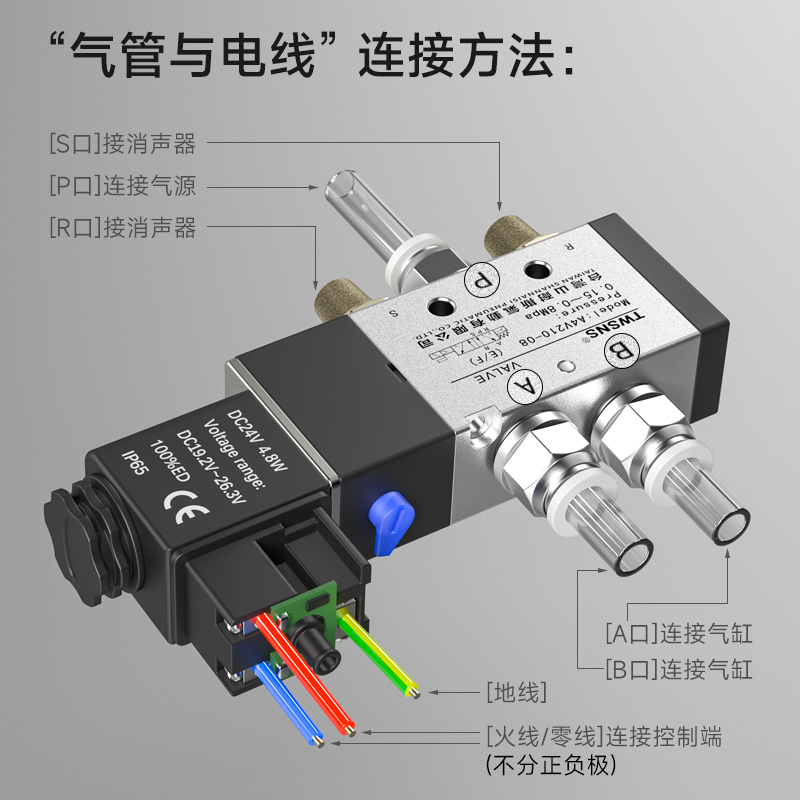 山耐斯电磁阀4v210-08气动电子阀二位五通气动电磁控制阀24ac220v