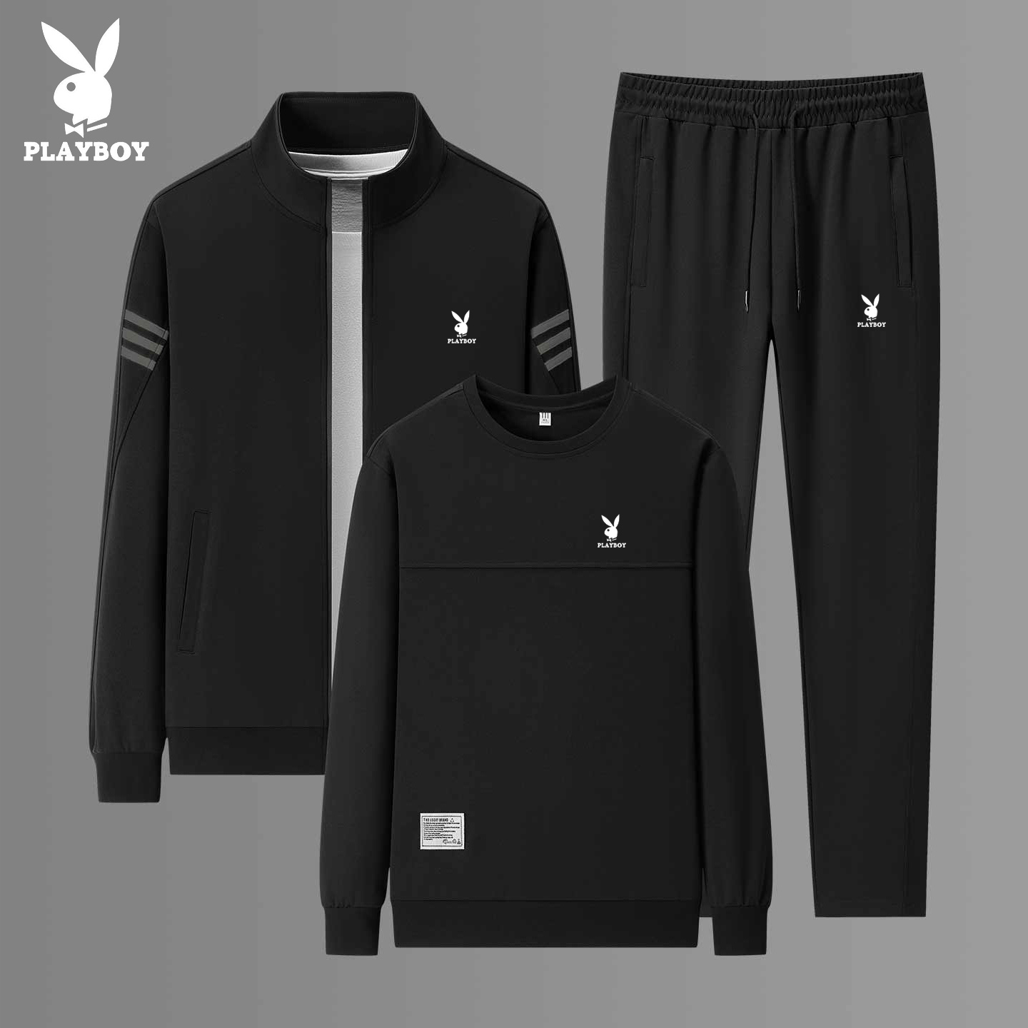 花花公子运动套装男2025春秋新款季立领卫衣加绒加厚平角裤三件套