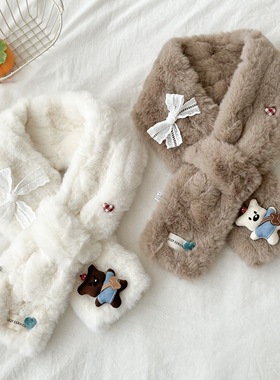 可爱小熊毛绒绒围脖女冬仿兔毛交叉小围巾日系可爱学生小清新保暖