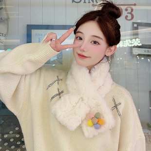 甜美可爱围脖女冬季 软妹小清新交叉围巾保暖厚毛绒绒脖套防风 韩版