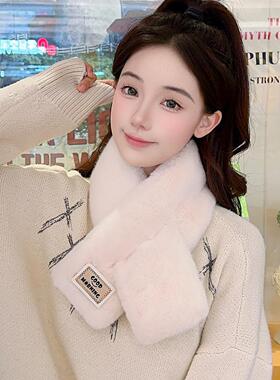 高级感毛毛领日系2025新款交叉围巾冬季女围脖防风寒加厚保暖学生