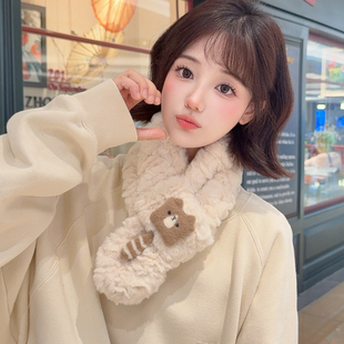 短款 百搭2025新款 交叉围脖套学生保暖 韩版 可爱毛绒小围巾女秋冬季