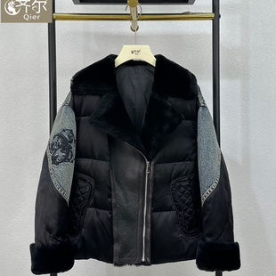 海宁重工刺绣牛仔皮毛一体皮草鹅绒服女短款时尚羽绒服外套西服领