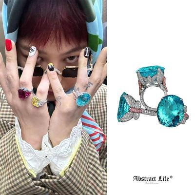 gd权志龙同款满钻海蓝宝石戒指帕拉月光彩宝高定中古老钱风男女