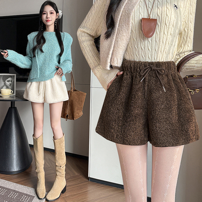 实拍 8096#羊羔毛短裤女秋冬款抽绳松紧腰小个子阔腿裤